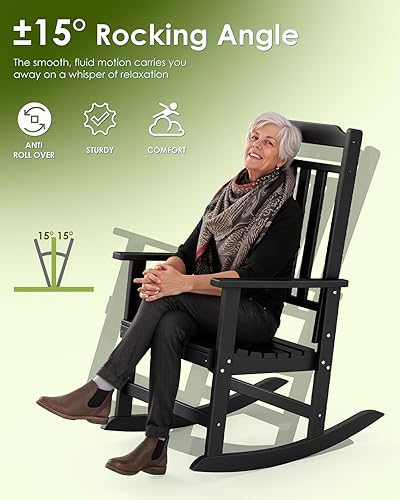 Miniatura 7 de GREENVINES Juego de 2 sillas mecedoras para exteriores  Plástico HDPE  Mecedoras de patio  Silla mecedora de porche  De gran tamaño  Respaldo alto