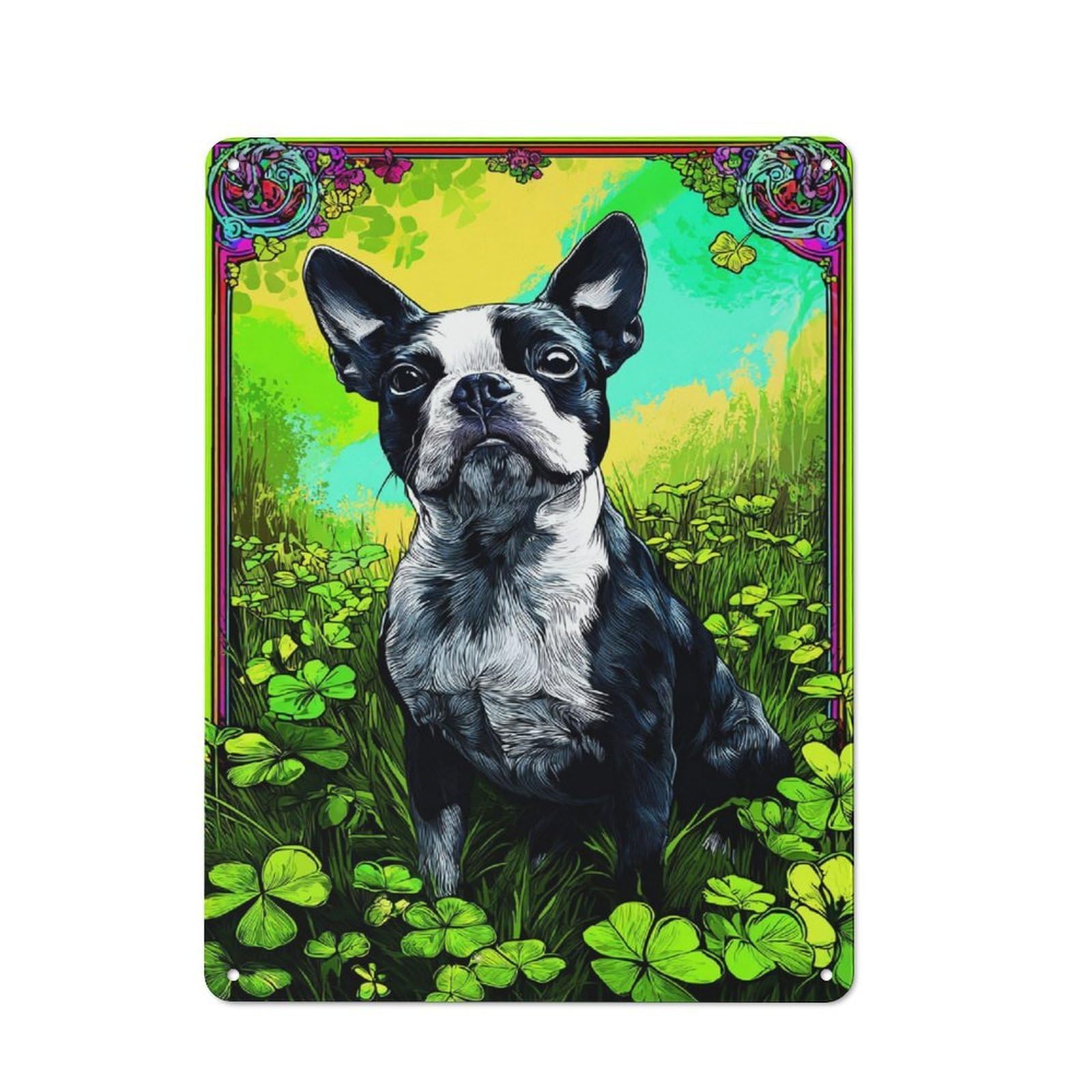 Warehouse Style Tin Wall Sign 40x30cm Featuring Colorful Boston Terrier in Clover Field, Loft Wall Plaque for Loft, Studio, Office Or Creative Room