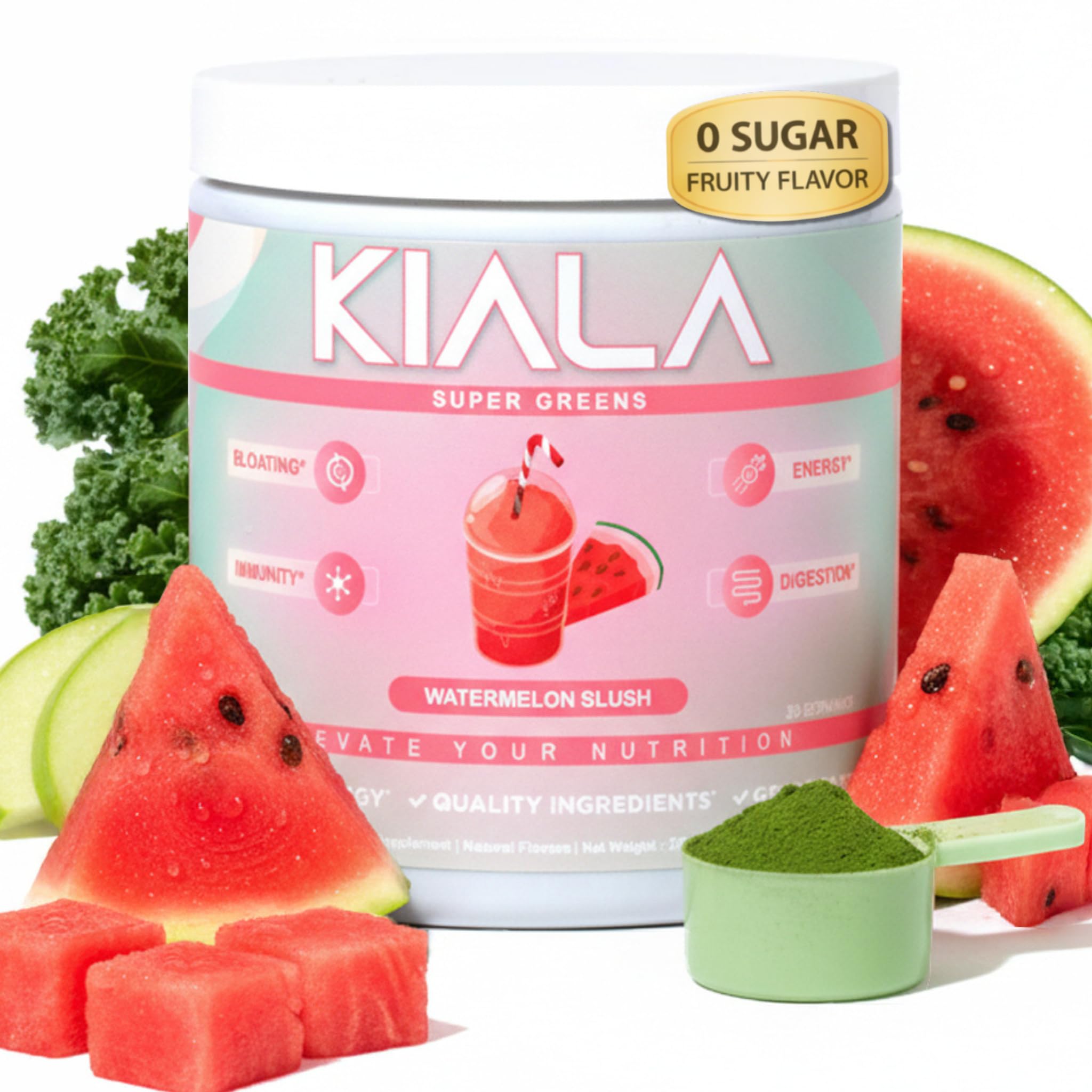 - Kiala Nutrition Super Greens, Organic Greens Powder with Spirulina & Chlorella for Digestion, Gut Health, Immunity, Adaptogens, Energy, Gluten Free, Vegan, Sugar Free, Watermelon Slush, 30 Servings