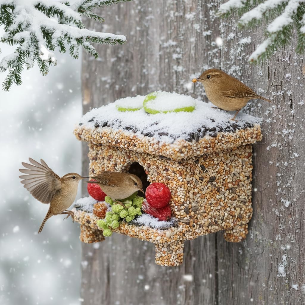 CEDAR ALPHA Seeded Birdhouse for Outside with Fruit, Wooden Bird House for Wren, Finch, Bluebird,Cardinal, Hanging Seeded Birdfeeder, Bird Seeds Decorated Weather Proof, More Fun Birding (Villa)