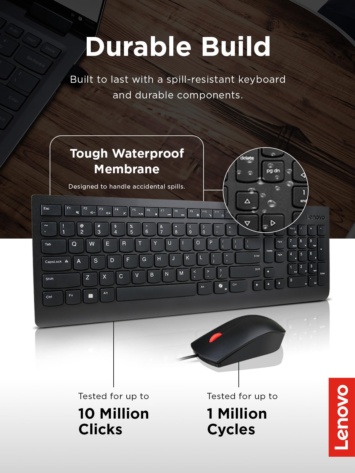 Lenovo Essential - Combo de teclado y mouse con cable, inglés de EE. UU., pies ajustables, teclas resistentes a derrames, mouse óptico ambidiestro de tamaño completo, 1600 DPI, negro | Teclado de tamaño completo con mouse y conexión USB para escribir, pro