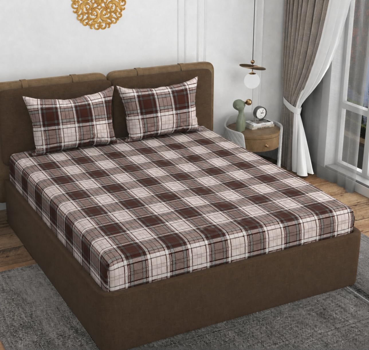 VOMZER 320 TC Cotton Feel All Around Elastic Fitted Bedsheets Queen Size, Premium Fitted Bedsheets Queen Size for Double Bed with 2 Pillow Covers, Size- 78” x 60” (Coffee Check)