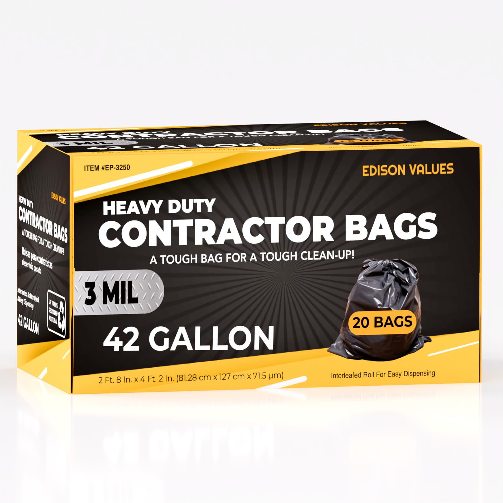 Contractor Garbage Bags 42 Gallon - Pack Of 20 Black 3 mil Strength Heavy Duty Trash Bags Garbage Bags, 32”X46” Heavy Duty Plastic Construction Contractor Bags - Trash Can Liners