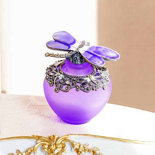 Miniatura 5 de YU FENG 40ml Botella de perfume de vidrio recargable vacía con libélula púrpura elegante, botella de perfume con tapa de mariposa esmerilada retro