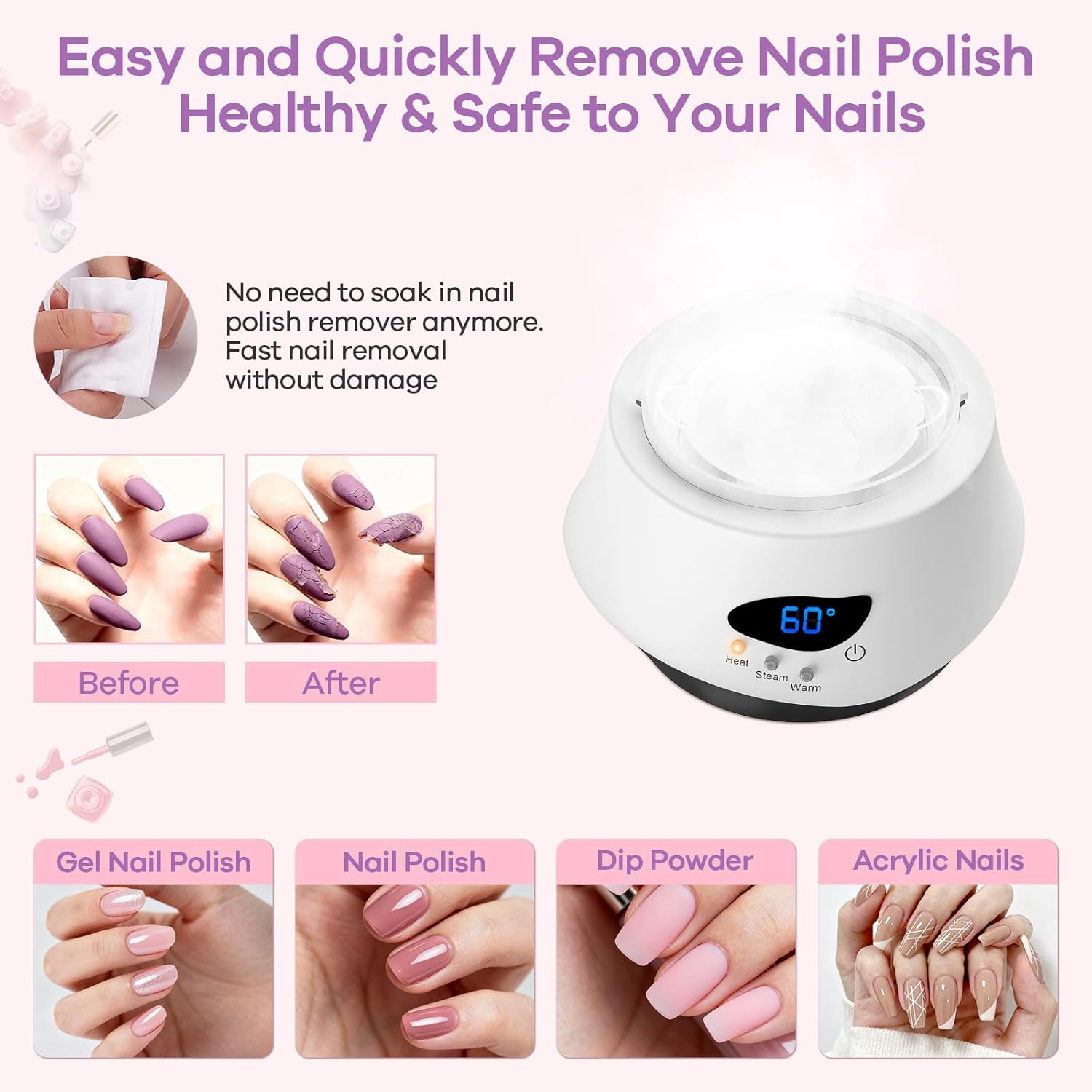 50W Nail Steamer Gel Nail Polish Remover MachineQuick Nail Gel Removal Steamer Acrylic Nail Remover Gel Polish Remover for Salon Home Use Portable Electric Nail Steamer Tools