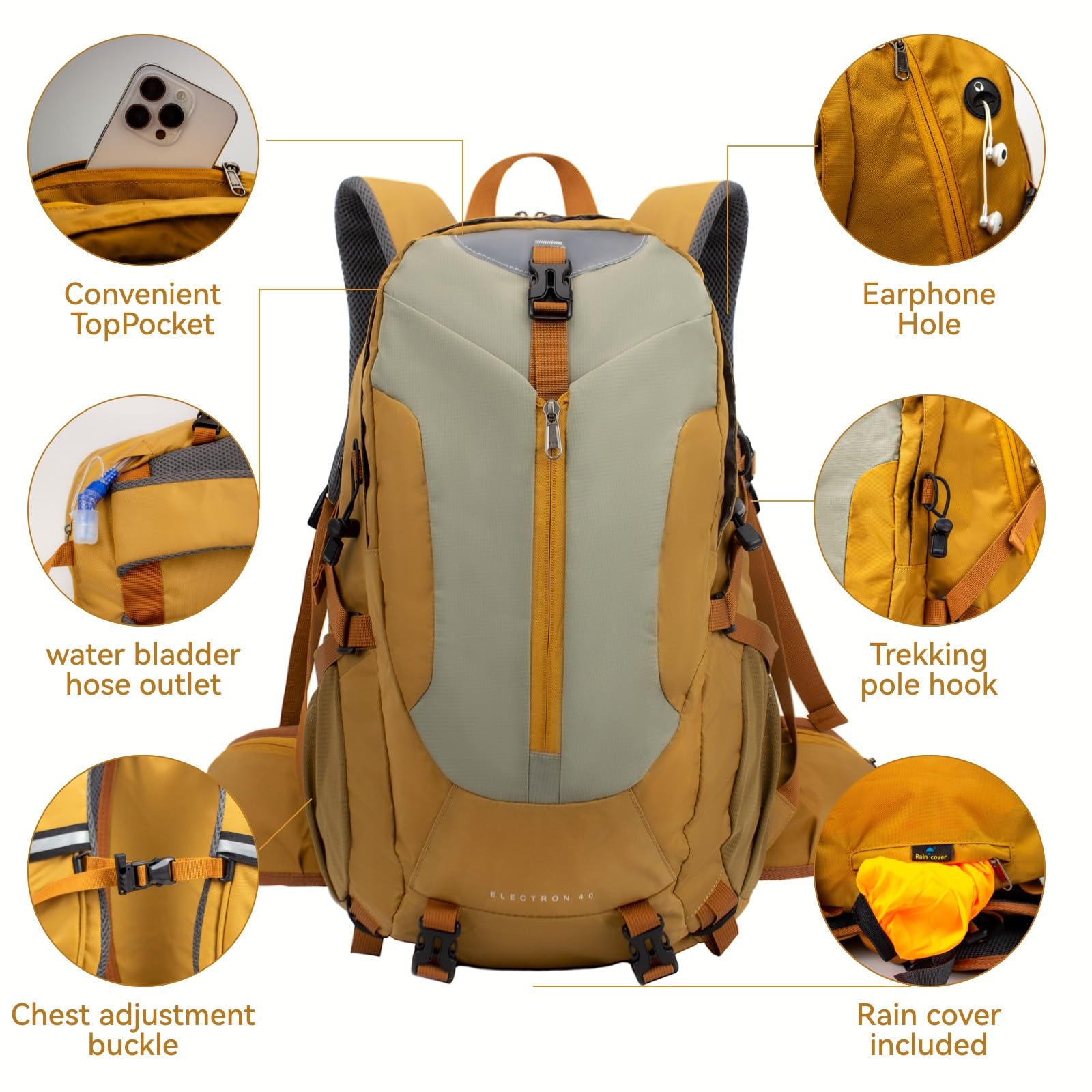 40L Sac à Dos de Randonnée Homme Femme, Grand Sac à Dos Trekking Voyages avec Housse de Pluie, Imperméable Sac à Dos pour Camping Voyages Plein Air Sports, Jaune