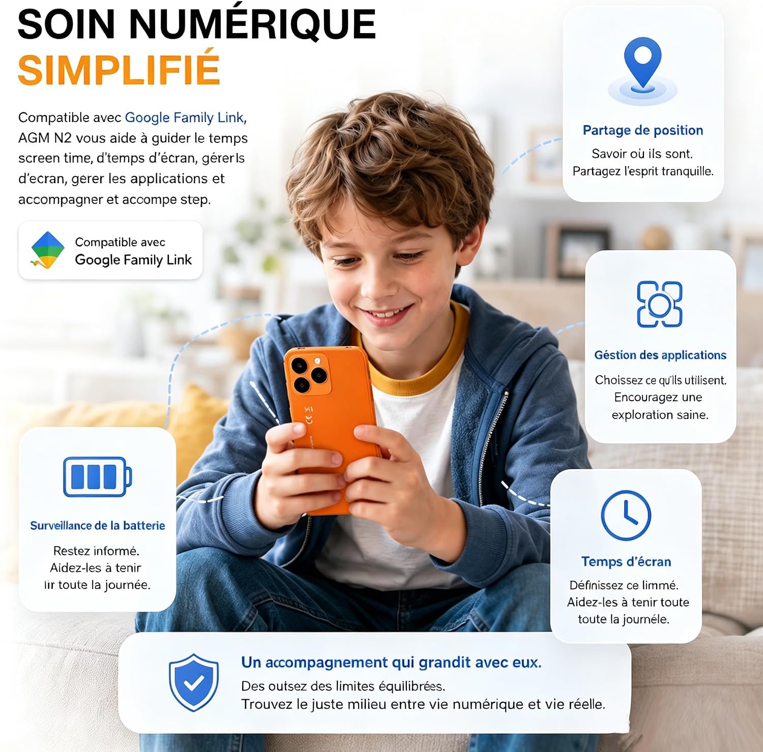 AGM Note N2 Mini Téléphone, Android 16, Google Familly Link, IP54