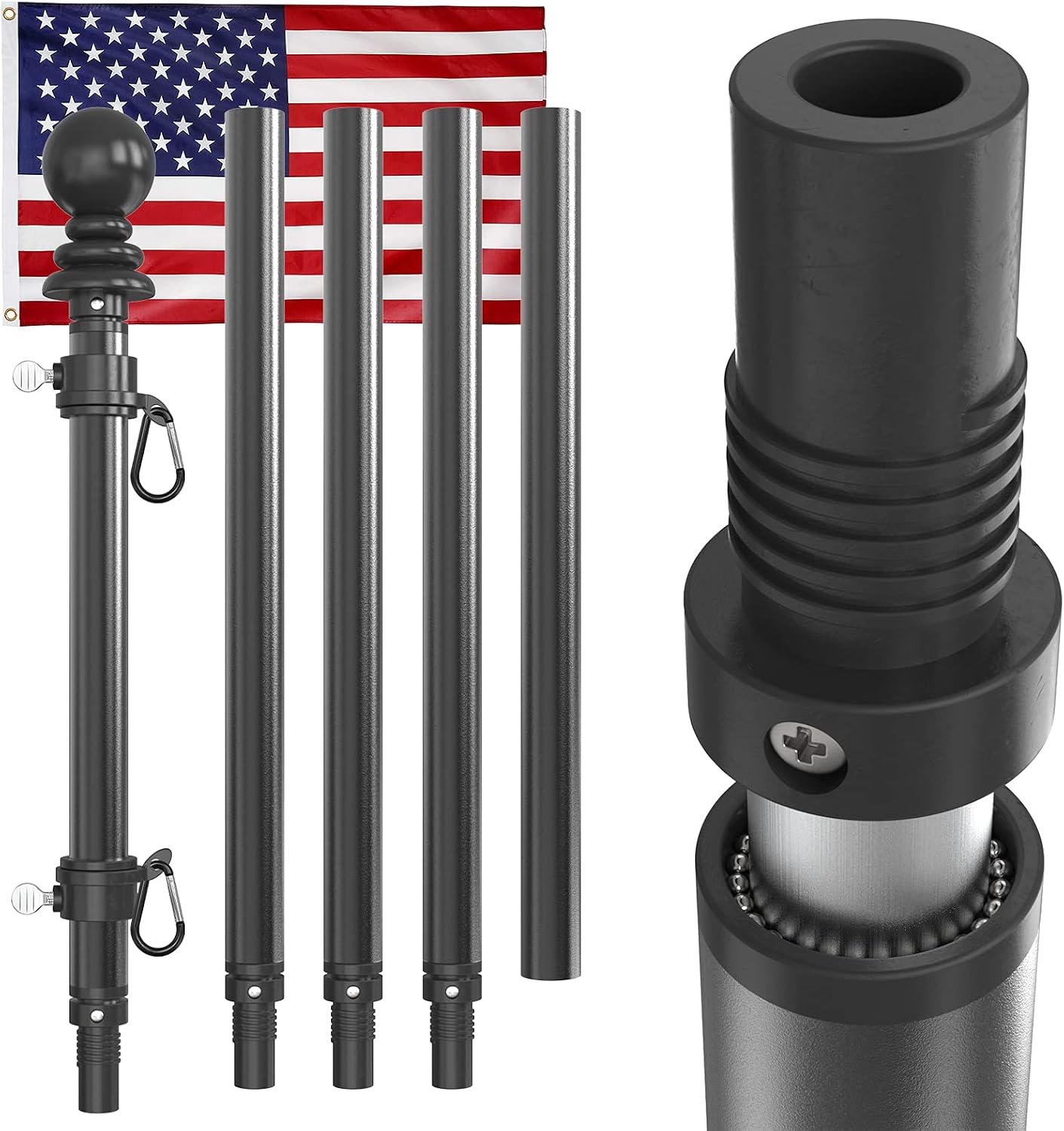 RUFLA 6FT Flag Pole Kit Heavy Duty Aluminum Tangle Free Flagpole with 3'x5' American Flag for House Porch Truck Wall Outside Yard (Without Bracket)