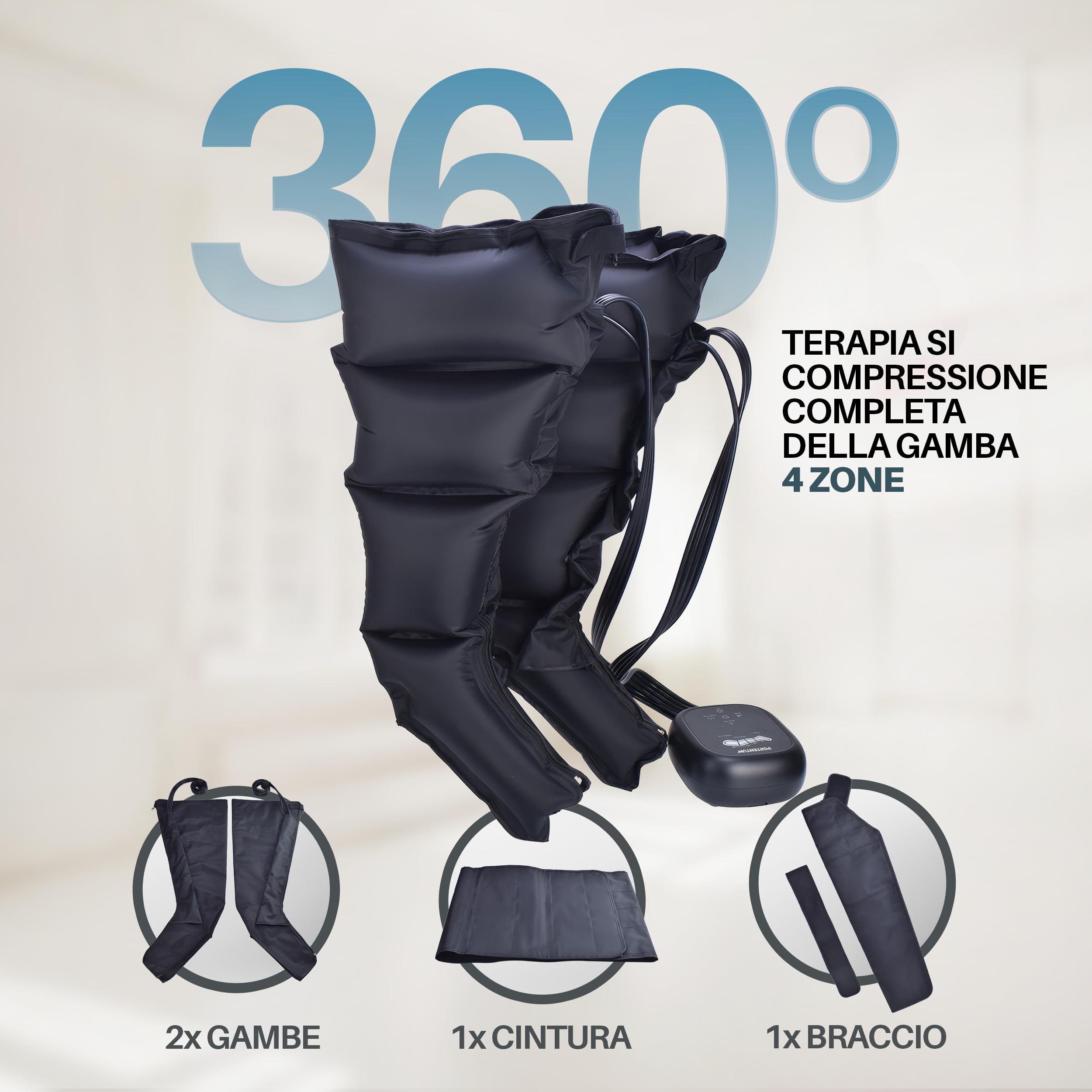 PORTENTUM Pressoterapia linfodrenaggio con batteria – Massaggiatore gambe e addome con 8 modalità e 3 intensità – Telecomando con schermo LCD – USB-C – Accessori per braccia e cintura – Borsa inclusa