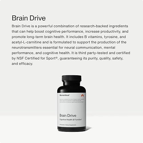 Miniatura 3 de Momentous Suplemento nootrópico Brain Drive - Suplemento cerebral para apoyo de memoria y concentración - Certificado NSF para deporte - Sin OMG y