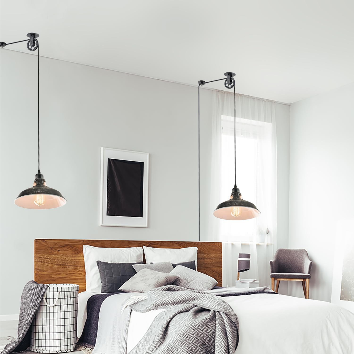 Plug in Pendant Light With Switch,Vintage Industrial Design,16.4ft Cord,Adjustable Pulley,Easy Install,Ideal For Living Room,Pool Table,Bedroom,Kitchen,Sloped Ceiling,Bar,Outdoor Shed(Silver Black)
