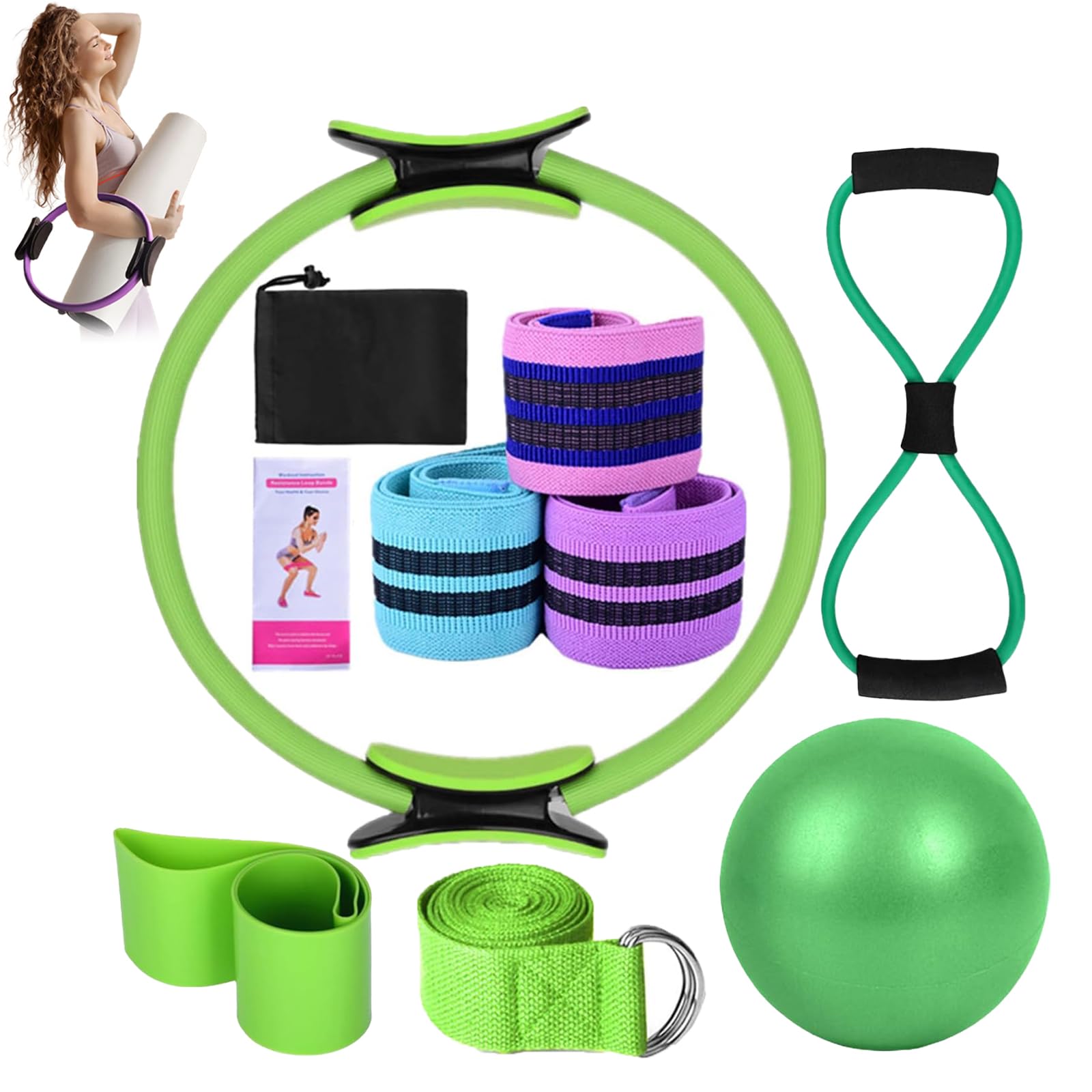 Pilates Essentials Kit for Women, 11-Piece Better Me Pilates Essentials Kit for Women, Booty Bands for Working out Glutes Yoga Ball 25cm Figure 8 Resistance Band Yoga Bands for Stretching