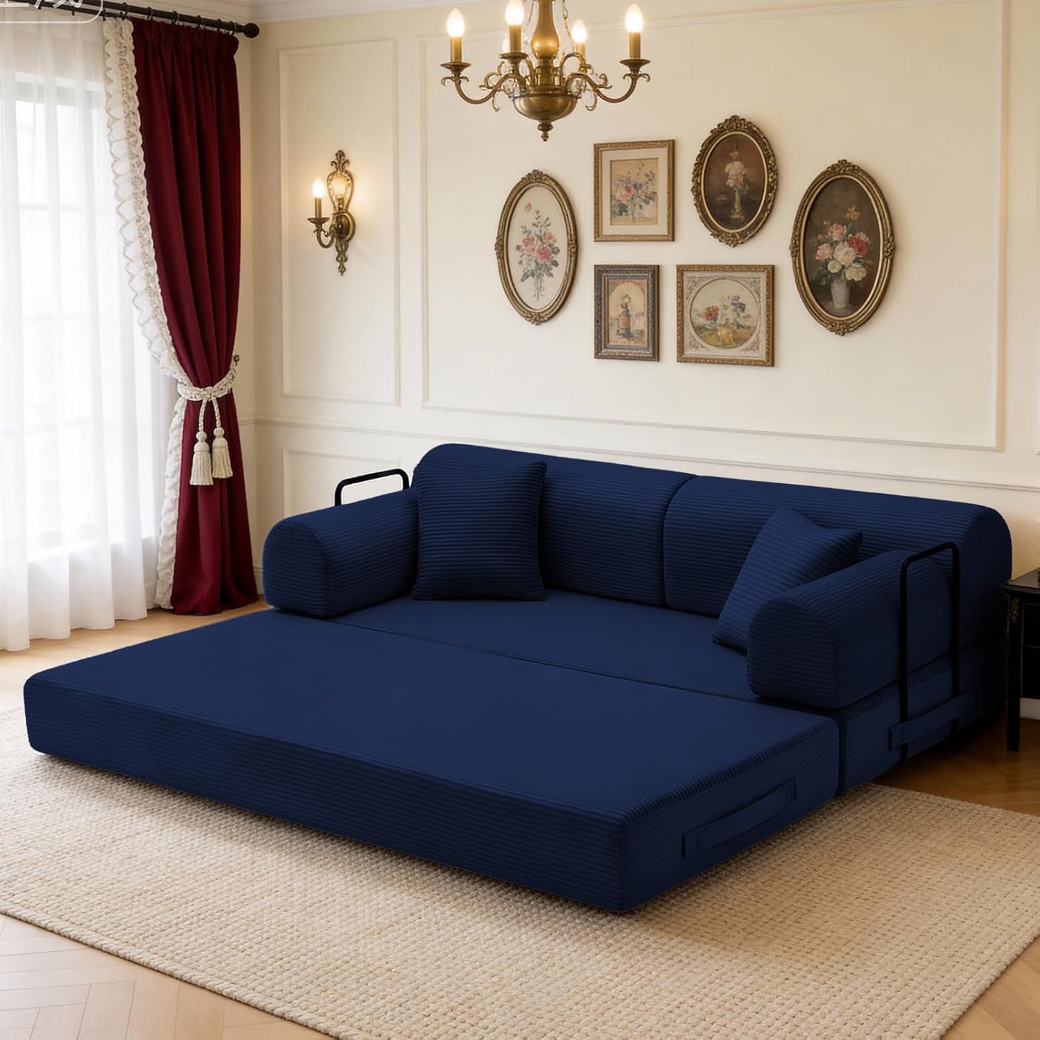 KEIKI 4-in-1 Folding Convertible Sofa Sleeper, 78" Oversized Loveseat Sleeper with Pull Out Bed, Corduroy Upholstered Boneless Apartment Size Couch for Living Room, Chaise Lounge Indoor, Blue