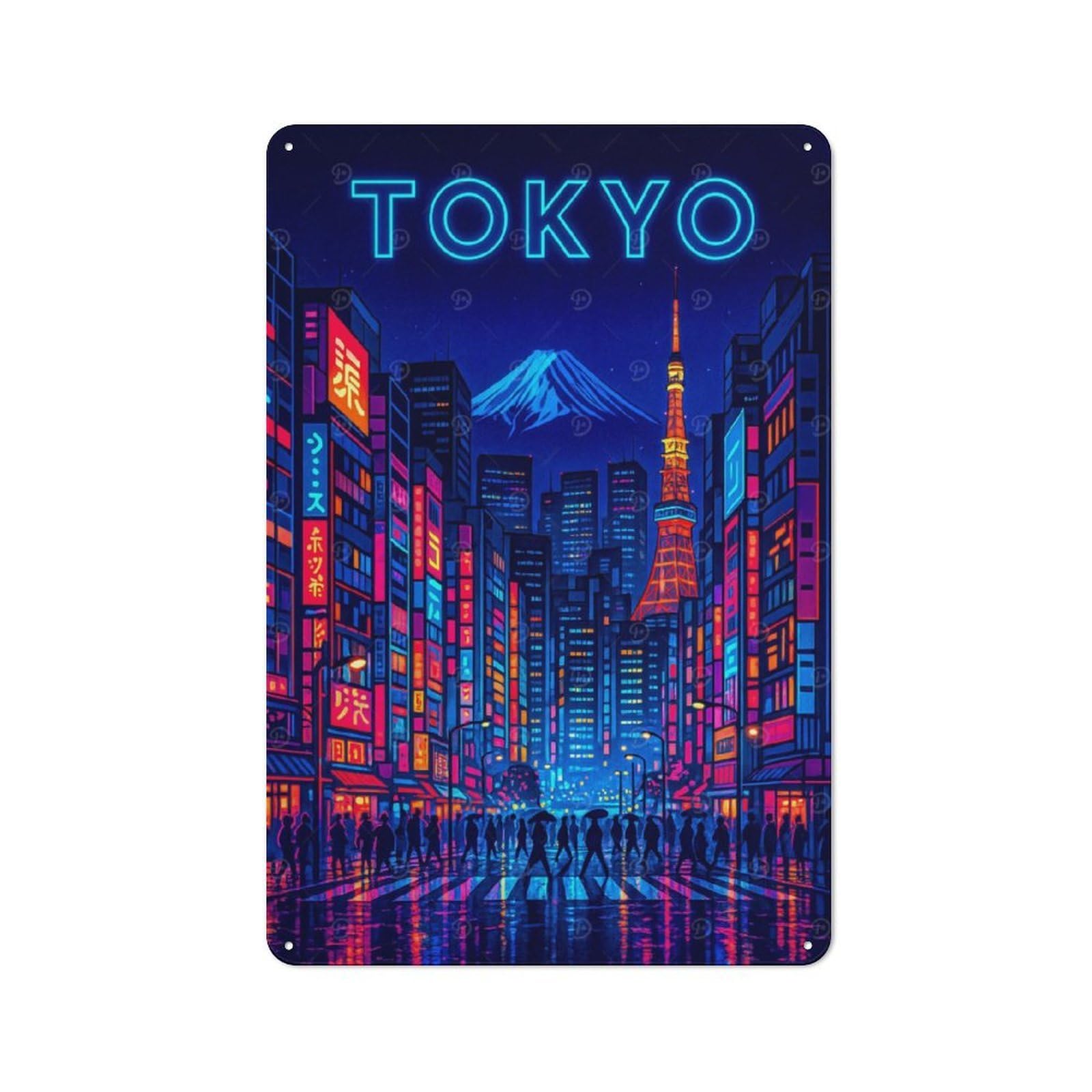 Junmoney Neon Tokyo Cityscape At Night Cafe Style Metal Wall Decor 30X20cm, Vintage Metal Sign For Takeaway, Bar, Kitchen Or Counter Area