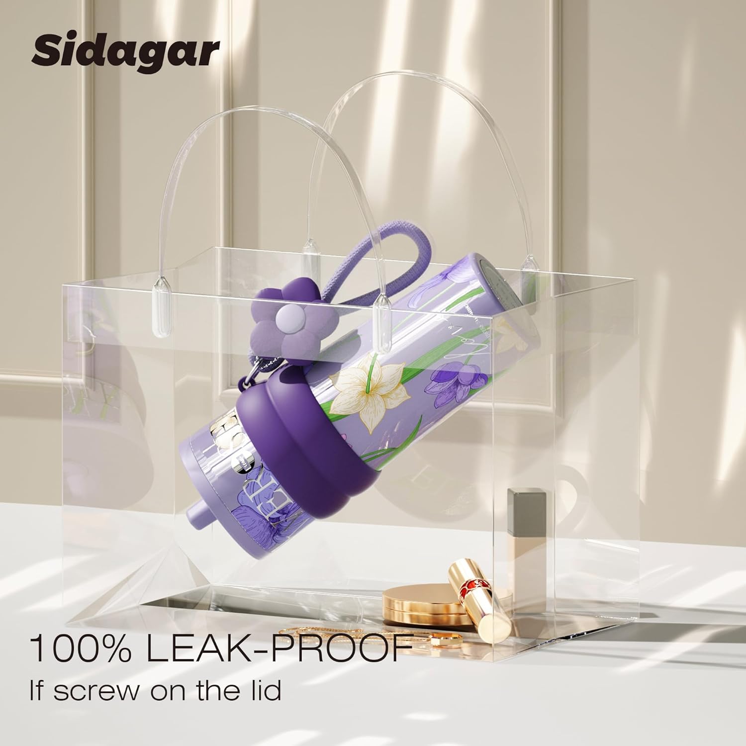 24 oz Stainless Steel Tumbler with Lid and Straw, Insulated Coffee Mug, Leak Proof, Portable Iced Travel Water Bottle, Reusable Thermal Coffee Cup, Floral Purple - Image 3