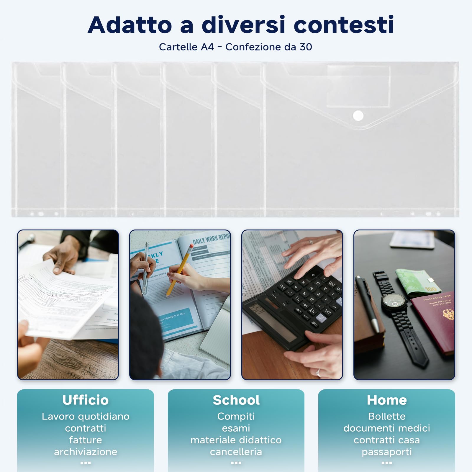 30 Buste Trasparenti Anelli A4, Cartelline Trasparenti A4 con Buchi, Cartelline Portadocumenti con Bottone a Strappo e Etichette, per Raccoglitore Documenti Ufficio Scuola e Casa