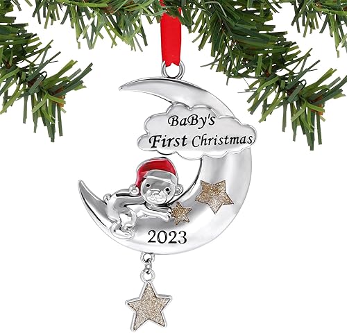 Adorno de la primera Navidad del bebé 2023, decoración de árbol de Navidad, oso colgante de luna de metal con estrella, mi primer colgante de
