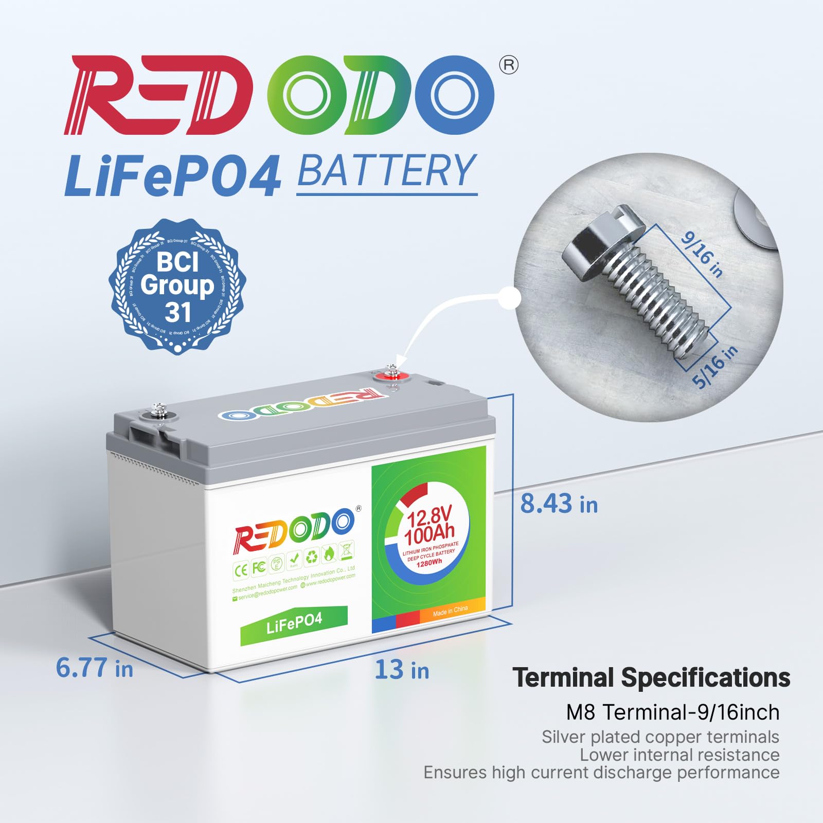 Redodo LiFePO4 akumulator litowy 100 Ah 12 V do wielokrotnego ładowania, ponad 4000 razy głęboki cykl 100 A BMS, litowo-żelazowy, fosforanowy, bateria 1280 Wh, do przyczep kempingowych, instalacji solarnych domowych, na kemping, łódź