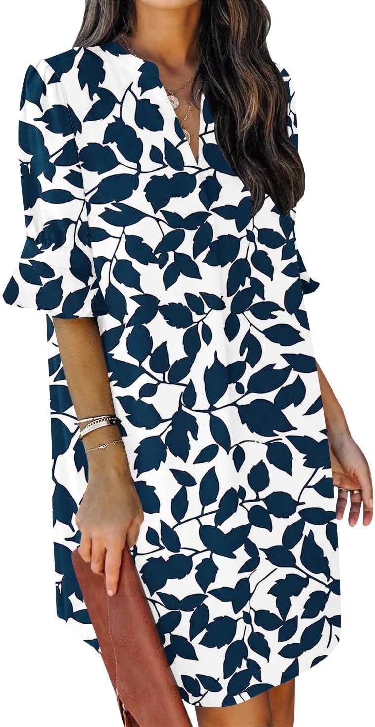  Womens Summer Casual V Neck Shift Mini Dress | Flowy Swing Basic Dress, Ruffle Short Sleeve, Floral Boho Style, Wedding Guest Daily Work Clothes, Beach Vacation Outfits