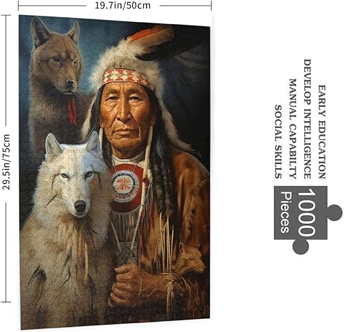 Miniatura 2 de Rompecabezas para adultos de 1000 piezas rompecabezas sentado lobo perro nativo americano indio tradicional formación de tienda de campaña de madera