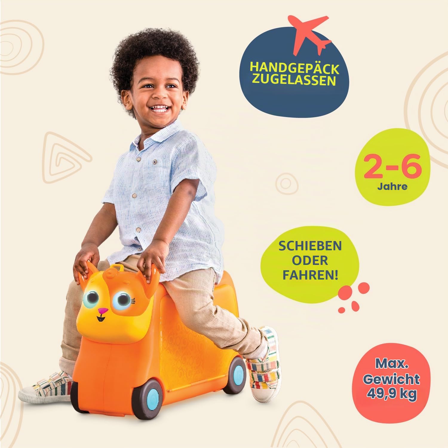 B. toys Gogo Ride-On Lolo, Kinderkoffer zum Aufsitzen, Katze | Kinderkoffer mit Stauraum, elastischen Innengurten, Trageriemen und Fisch als Schlüssel, Katze, Stauraum im Koffer, 2+ Jahre