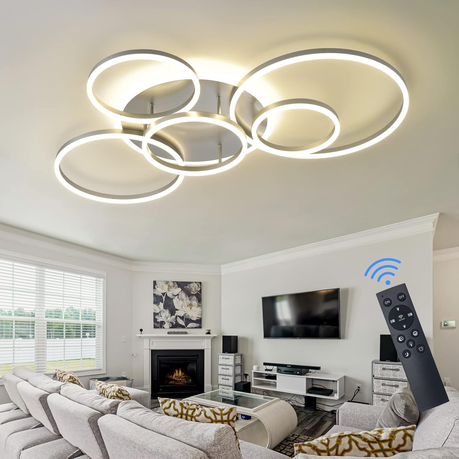 Modern LED Ceiling Light Gold Dimmable 5 Rings Flush Mount Ceiling Light Fixtures with Remote Control 106W 10000LM Ceiling Lighting for Living Room Bedroom Kitchen Dining Room 3000-6000K Silvery/106W