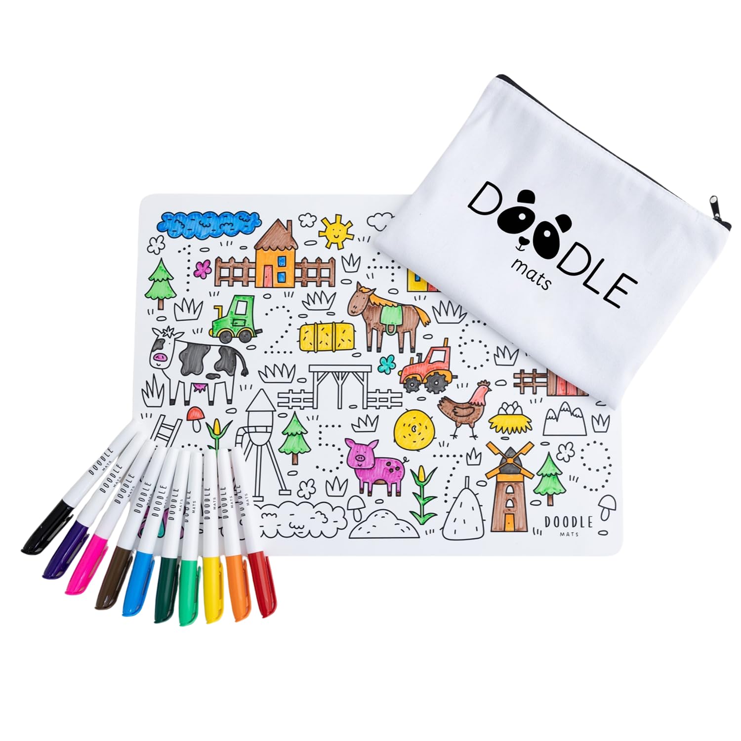 Doodle Mats Reusable Farm 123 Colouring Mat for Kids | Tractor & Animals Play Mat with 10 Washable Pens & Carry Case | Mess Free Travel Toy for Counting, Colours & Creativity | Eco Friendly A3 Gift