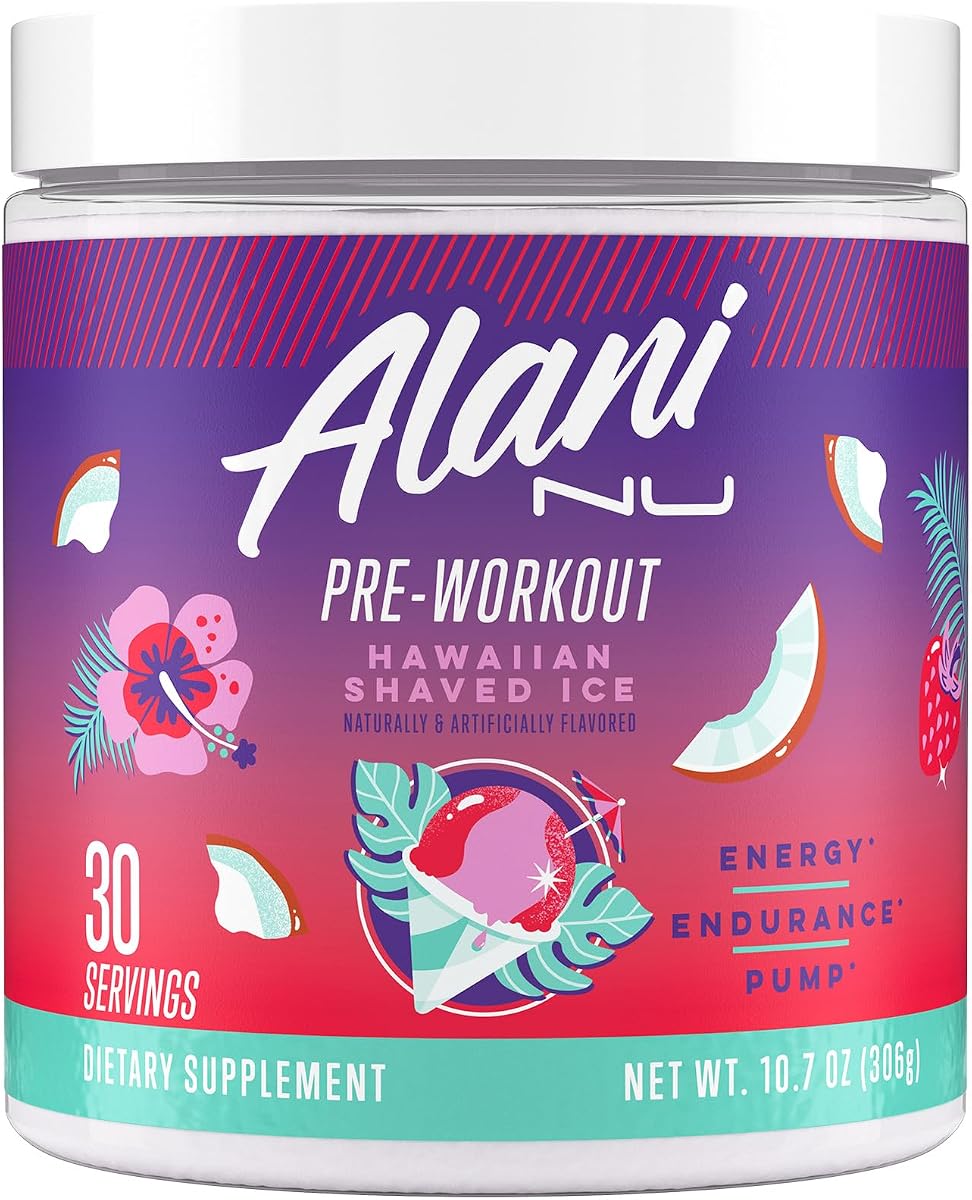 Pre Workout Powder Hawaiian Shaved ICE, Amino Energy Boost, Endurance Supplement, Sugar Free, 200mg Caffeine, L-Theanine, Beta-Alanine, L-Citrulline, 30 Servings