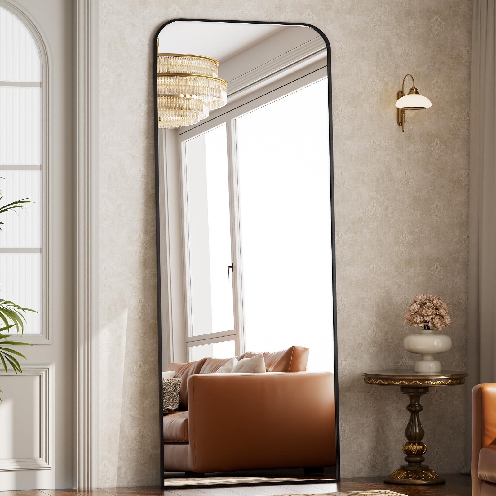 Koonmi Miroir sur pied avec coins incurvés 76 x 171 cm, miroir pleine longueur, incassable, moderne, merveilleux pour salon, chambre, couloir, noir