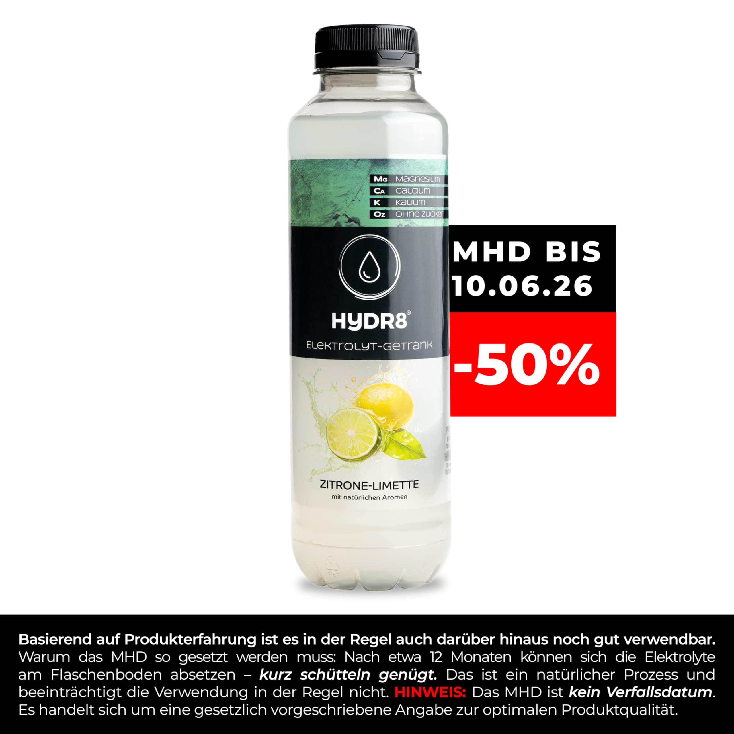 HYDR8 Elektrolytgetränk ohne Zucker 12 x 500 ml Zitrone-Limette – 5 Elektrolyte inkl. Magnesium – Hydration Drink ohne Zucker, kalorienarm, erfrischend für Party, Sport, Festival, Hitze (inkl. Pfand)