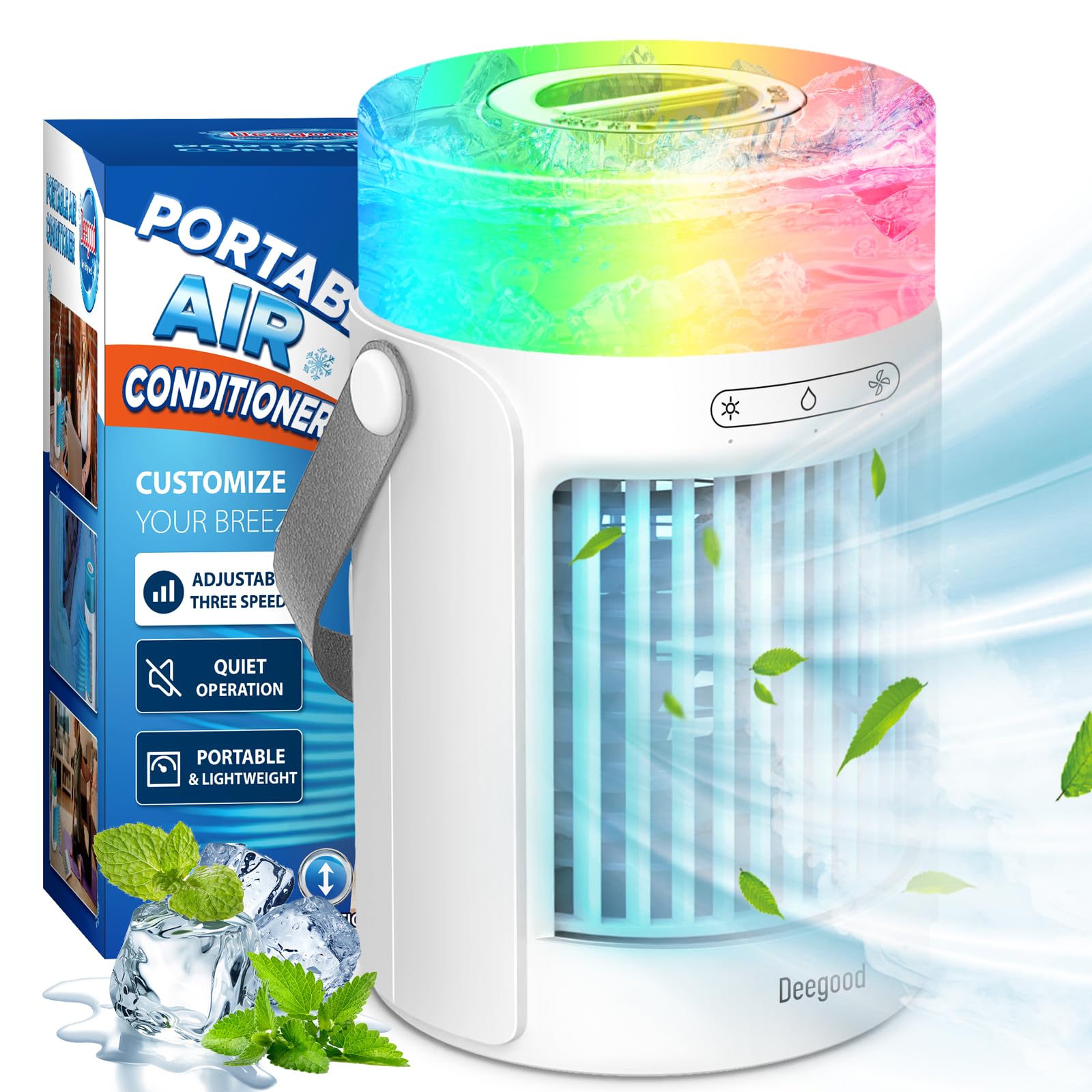 Portable Air Conditioners Fan, 600ML Evaporative Mini Air Cooler with 3 Speeds 7 Colors, Misting Humidifier Personal Air Cooler Touch Screen Desktop Cooling Fan with Large Water Tank for Home Office