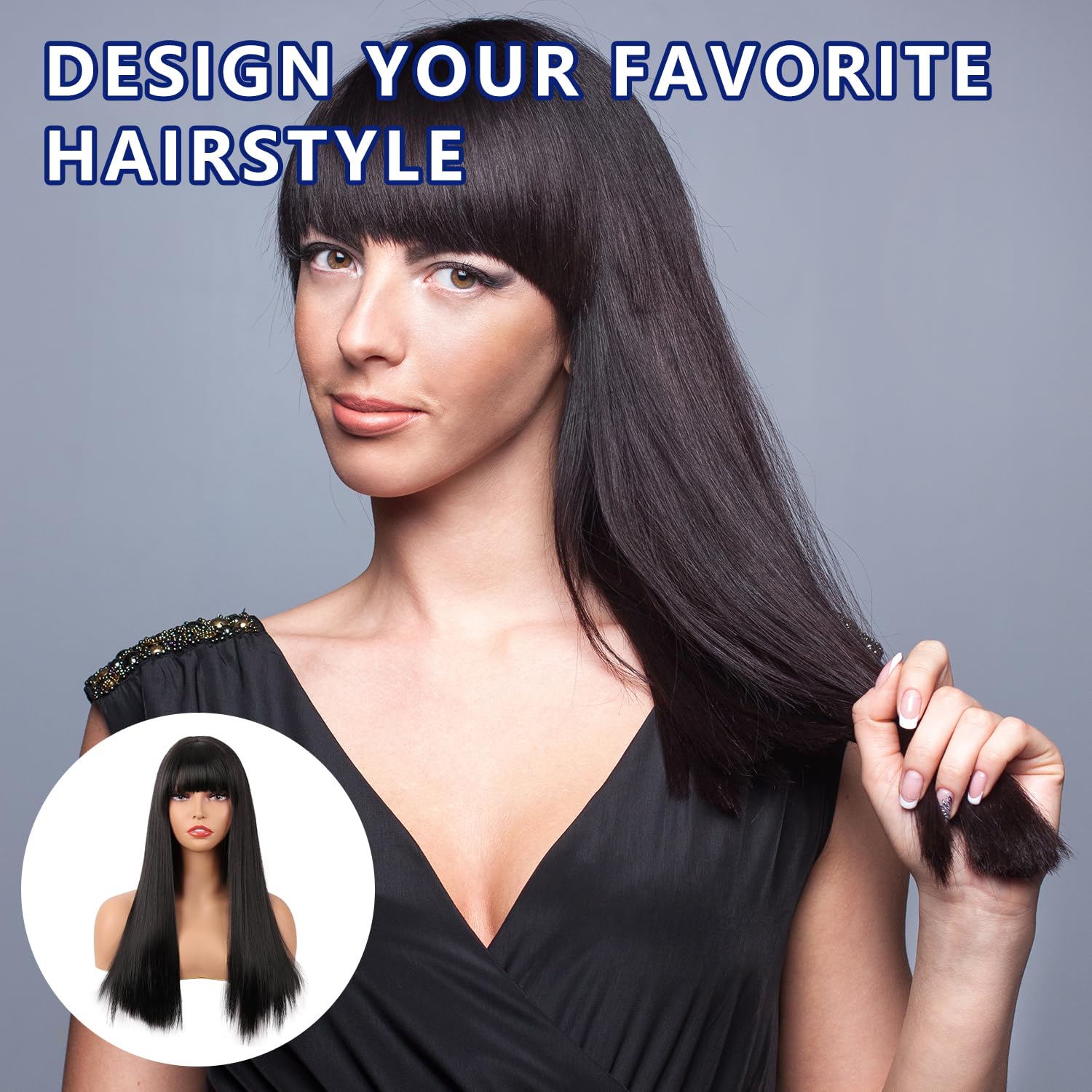 Black Wig, Long Straight Synthetic Wig for Women & Girls, Natural Looking Heat-Resistant with Bangs - Image 4