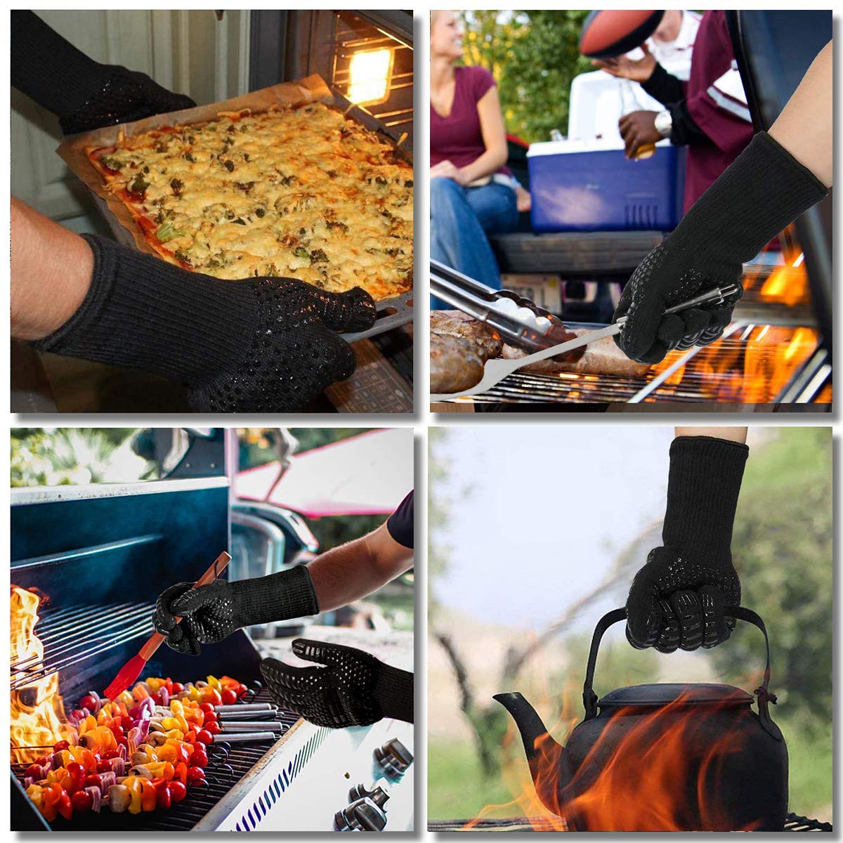 Guantes de parrilla para barbacoa, 800.0 °C, resistentes al calor, antideslizantes, perfectos para barbacoa, cocinar, hornear, chimenea, ahumador, 1 par (negro)
