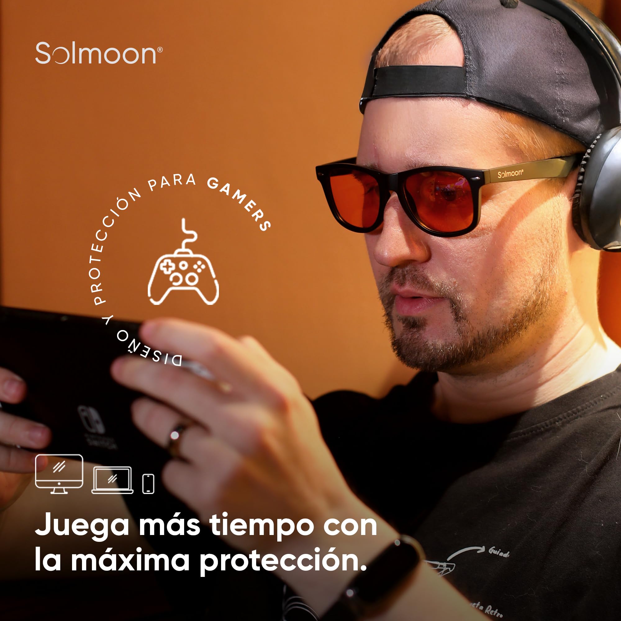 Solmoon Gafas Luz Azul Naranja Tarde y Noche – Lentes Tritan BPA Free – 0 Luz Azul para Pantallas, Gaming, Atardecer y Paseo Nocturno – Circalens™ – Estuche Bio Mushroom Leather
