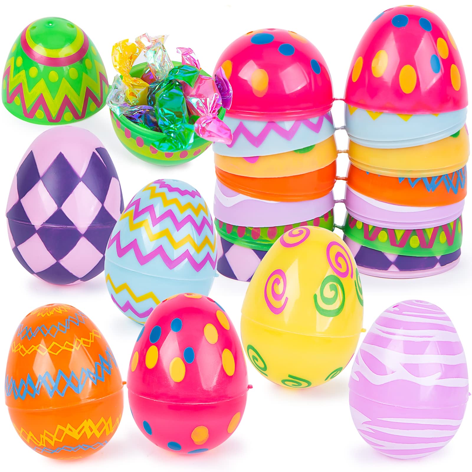 MCPINKY42PCS Printed Plastic Easter Eggs, Easter Basket Stuffers Hinged Fillable Easter Eggs Empty for Easter Egg Hunt Easter Party Decorations