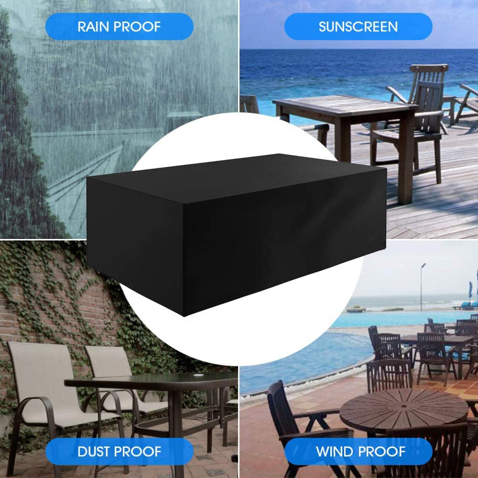 Funda Mesa Exterior Impermeable, 380x330x90cm Funda Mesa Cuadrada Exterior Impermeable Protector Mesa Exterior Fundas para Muebles de Terraza Resistente al Viento Anti-UV 420D Tela Oxford
