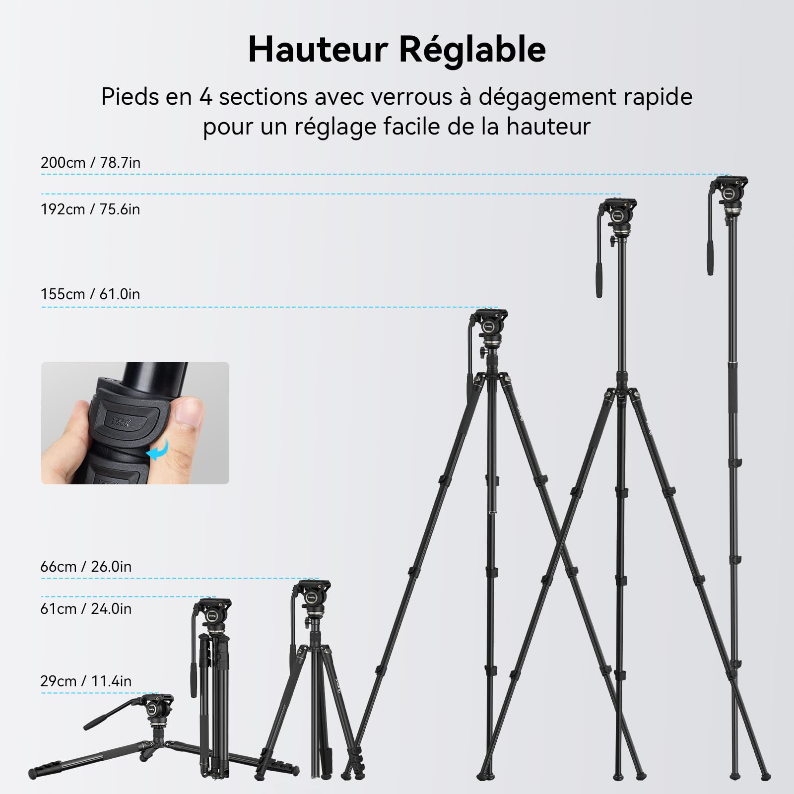 SMALLRIG CT210 Trépied Vidéo, 192cm Monopode pour Caméra avec Tête Fluide à Base de Nivellement +/-15°, Trépied de Voyage Professionnel pour Caméra Vidéo, Reflex Numérique, Caméscope - 4475