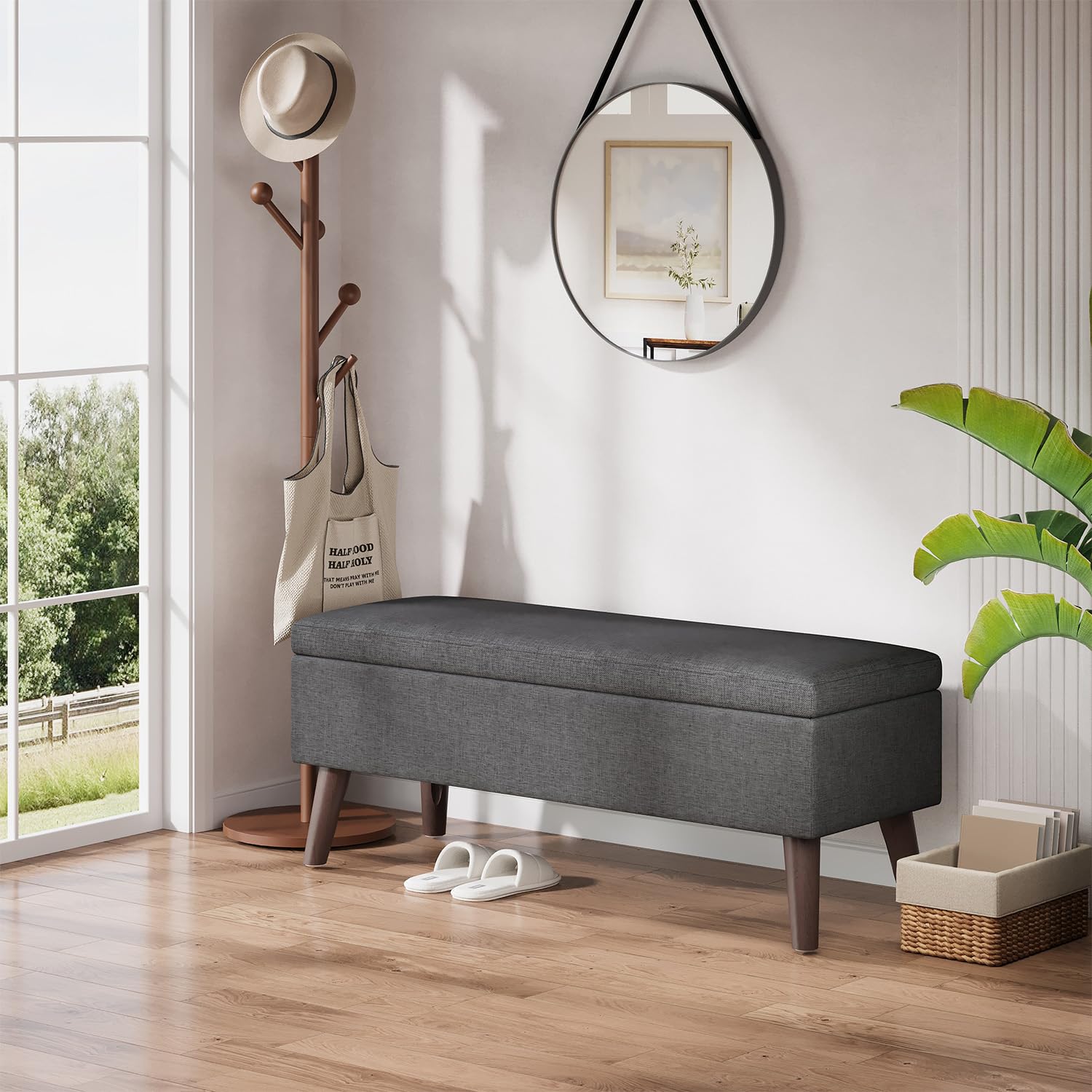 Banquette Coffre, Banc Bout de Lit en Lin, Gris