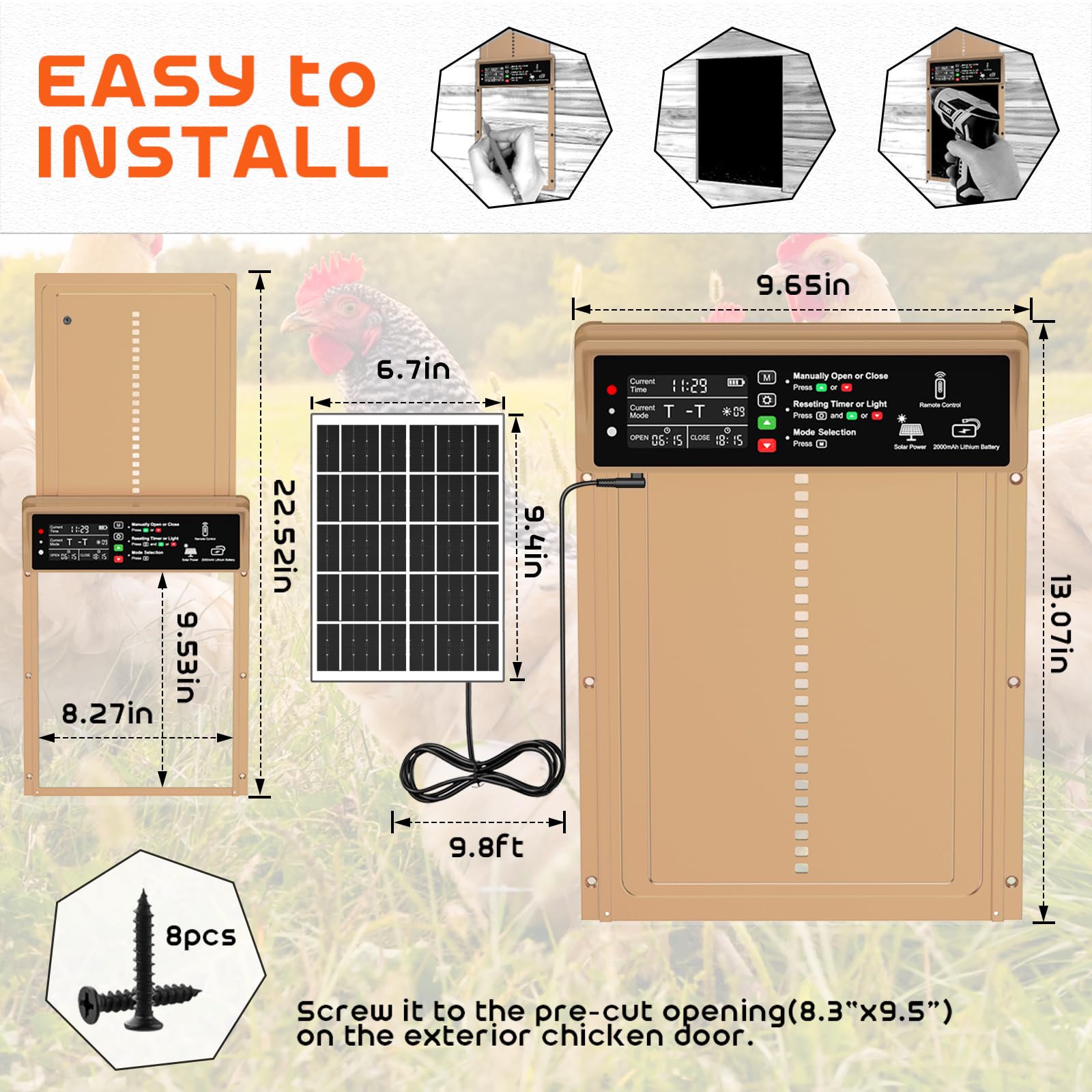Asfrost Puerta automática de gallinero automática alimentada por energía solar con temporizador y sensor de luz, antipellizcos, puerta automática de aluminio duradero, carga con panel solar y USB,