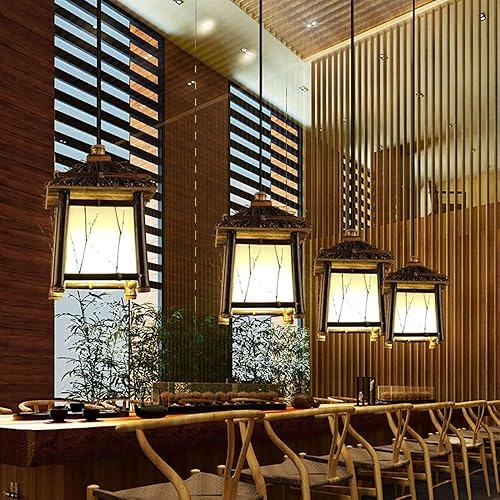 Miniatura 5 de Farmhouse Retro Bamboo Weaving Pendant Light, Suspention Lamp with Antique Parchment Paper Shade Ceiling Mount for Bar Restaurant Bohemia Lighting