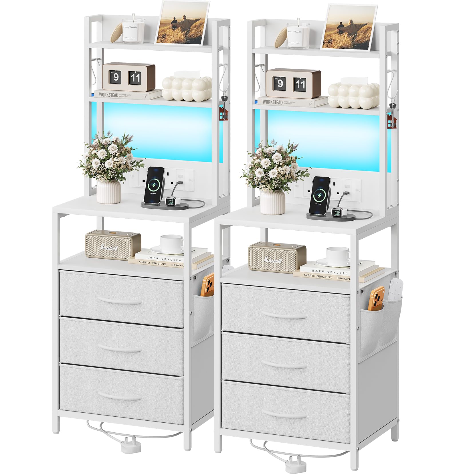 Dripex Bedside Table Set of 2 with LED Lights and Charging Station, Nightstand with 3 Fabric Drawers and Metal Frame, Slim Bedside Cabinet with Open Shelf, Side Table for Bedroom, Living Room (White) — image 1