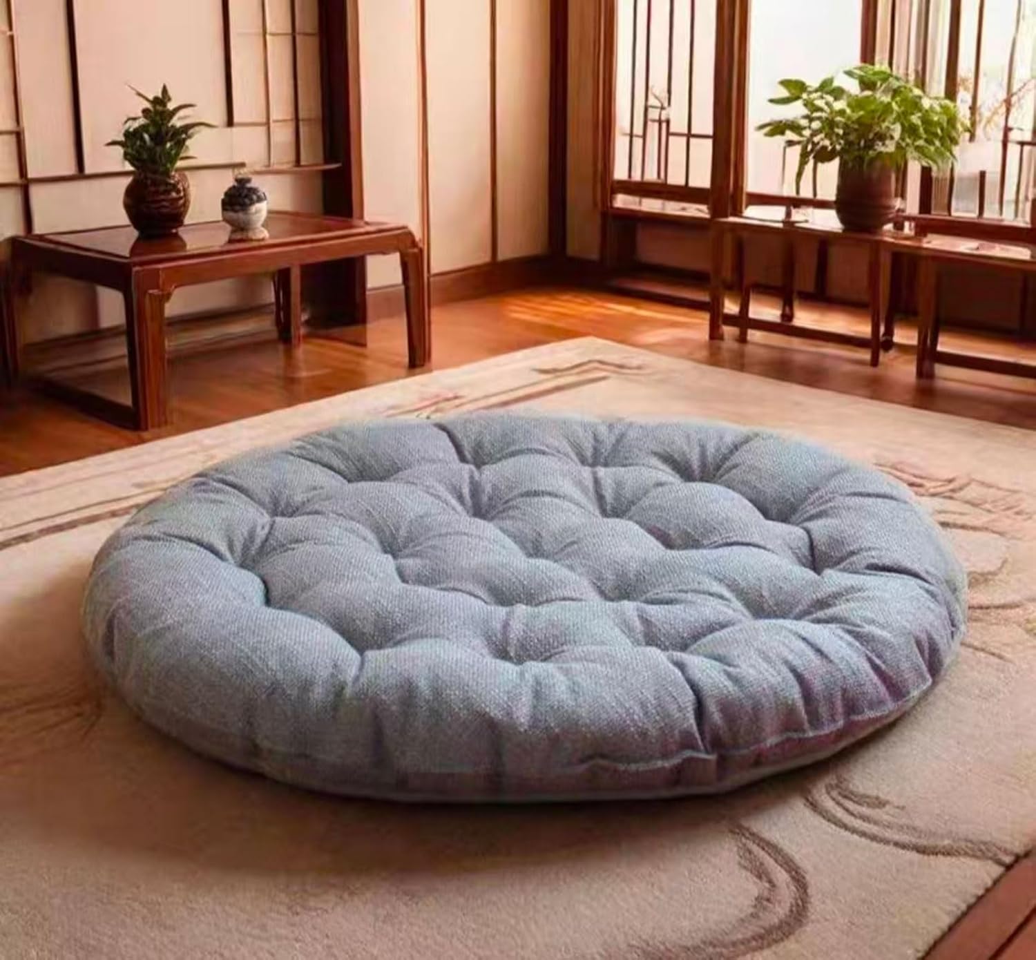 Large Round Meditation Cushion for Yoga - Thick Padded Linen Tatami Floor Pillow, Soft Seat for Adults, Pets - Round Floor Cushion(Size:55x55cm(22x22inch),Color:Light Gray)
