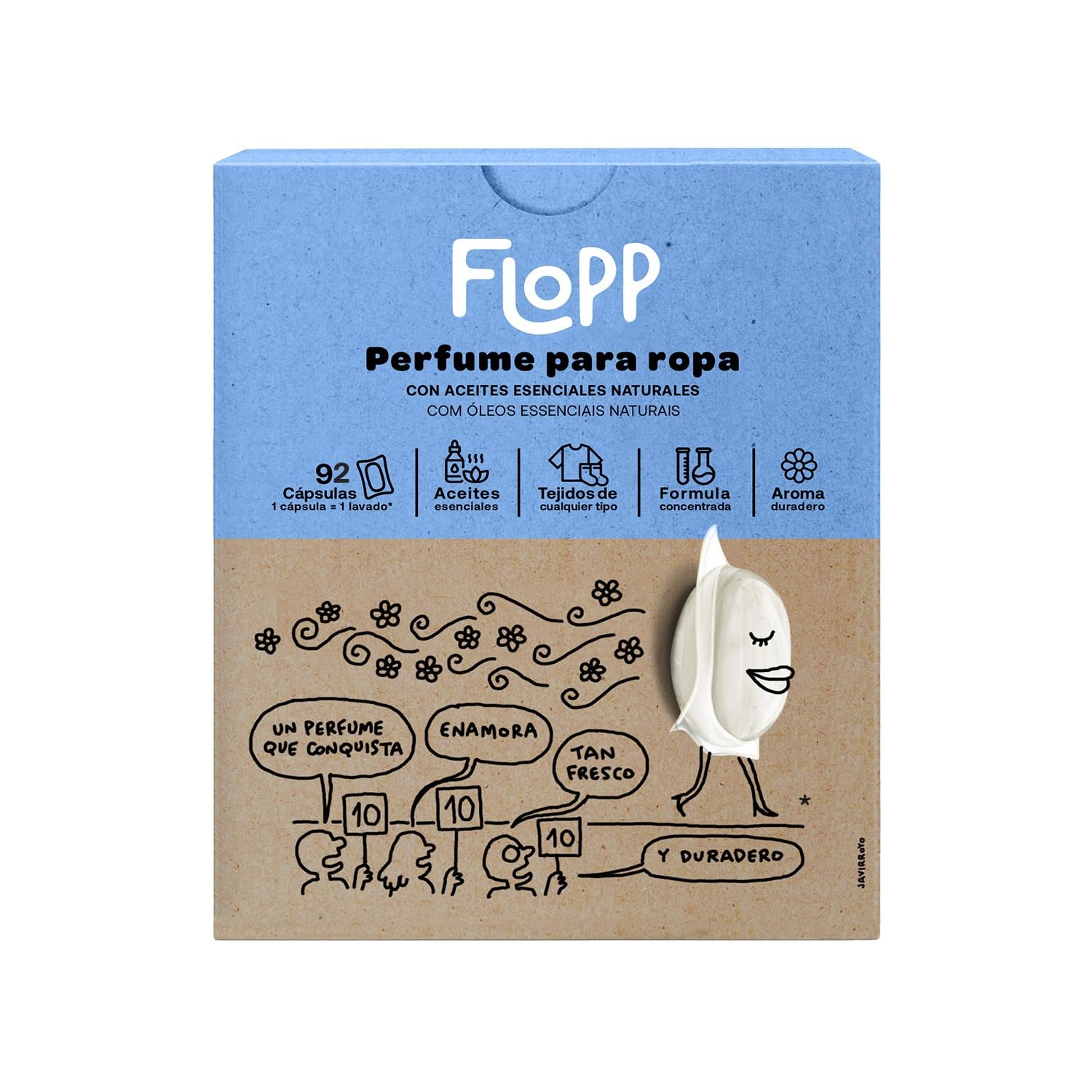 Flopp - Perfume para la Ropa con Aceites Esenciales Naturales en Pastillas - Fuerte fragancia duradera - 92 cápsulas