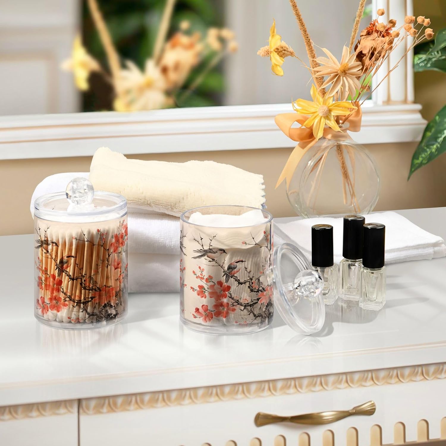 MNSRUU 4 Pack Qtip Holder Organizer Dispenser Birds and Plum Blossoms Pink Bathroom Storage Canister Cotton Ball Holder Bathroom Containers for Cotton Swabs/Pads/Floss
