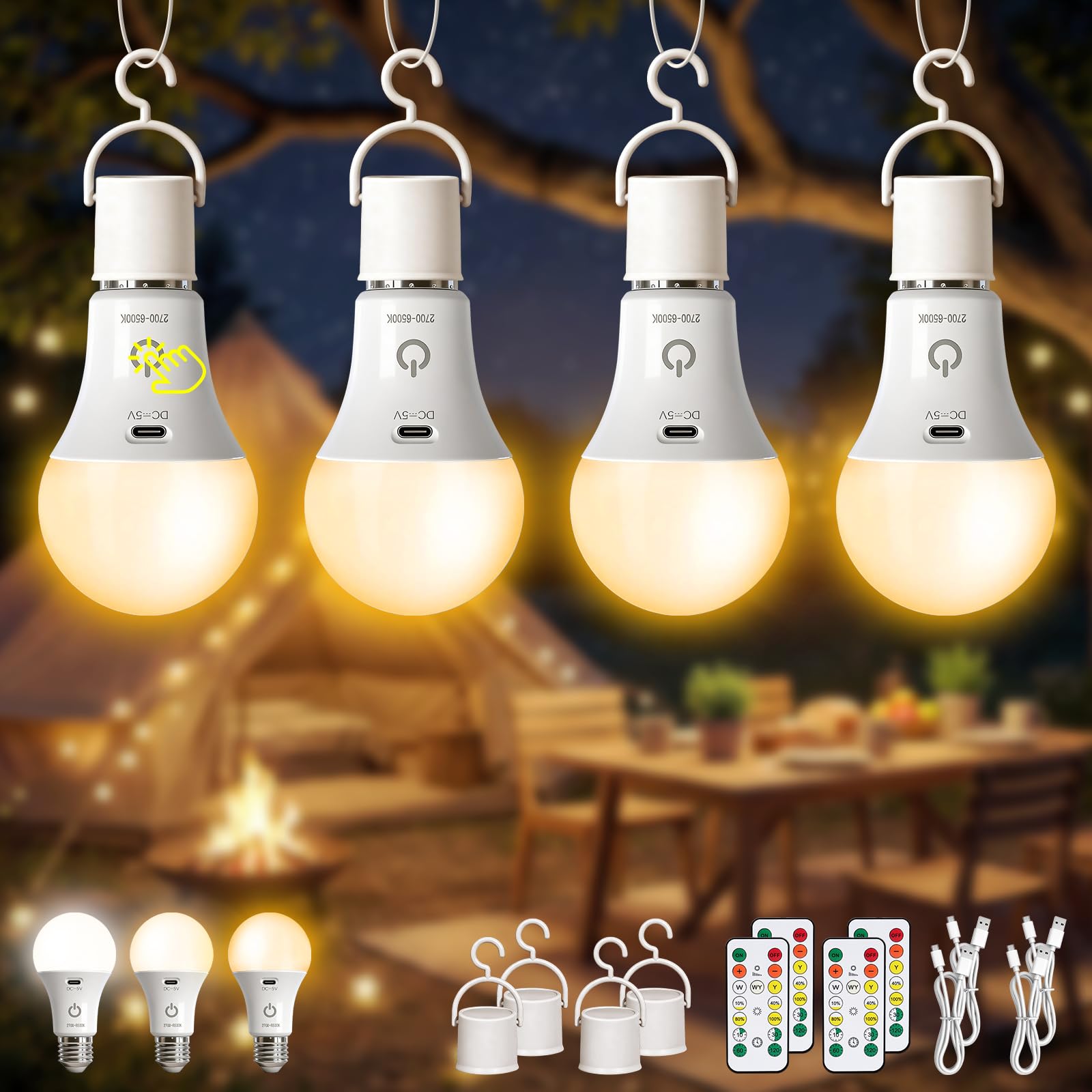 Kambo E27 LED Aufladbare Glühbirne mit batterie, Wiederaufladbarer Akku mit Fernbedienung, 7W Lampe mit Timing-Funktion, 3 Farbtemperaturen für Wildcampen, Außenspaß, Outdoor Camping, 4 Stück