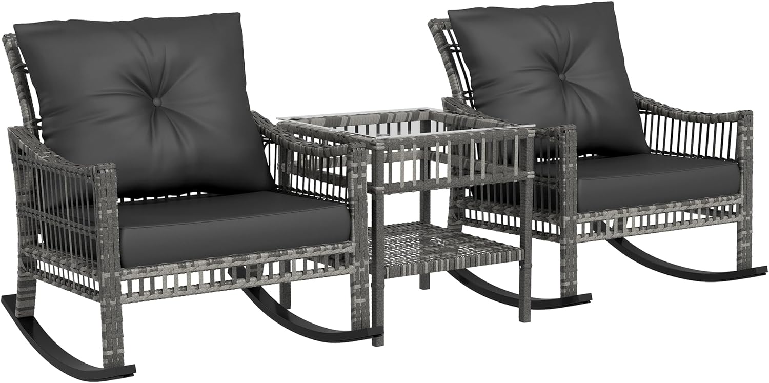 Outsunny 3 Pieces Outdoor PE Rattan Rocking Chair Set, Patio Wicker ...