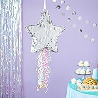Vista 2 de Sparkle and Bash Star Pinata with Pull Strings - Silver, 13 x 13 x 3 in - Space Theme Birthday Decoration & Baby Shower Supply - Pinatas with Pull