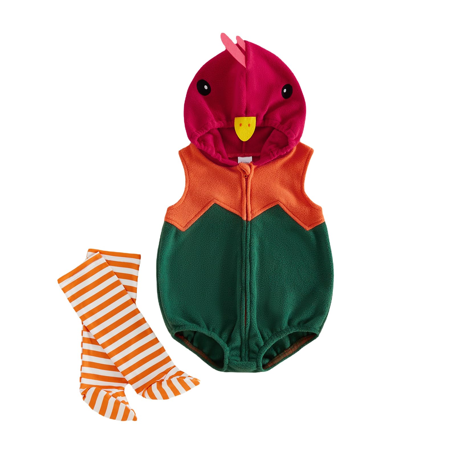 AliveBabe Baby Halloween Costume Hooded Zip Up Sleeveless Jumpsuit and Striped Stockings for Cosplay and Party (Green, 0-6 Months)