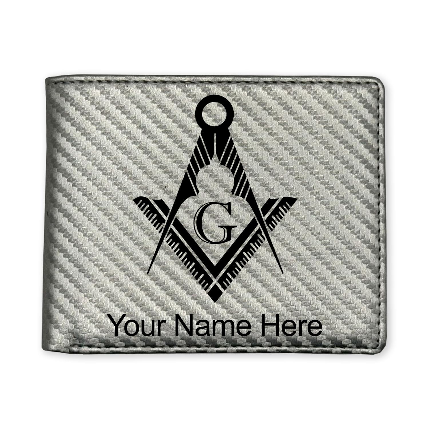 LaserGram Faux Leather Bi-Fold Wallet, Freemason Symbol, Personalized Engraving Included (Carbon Fiber Silver)