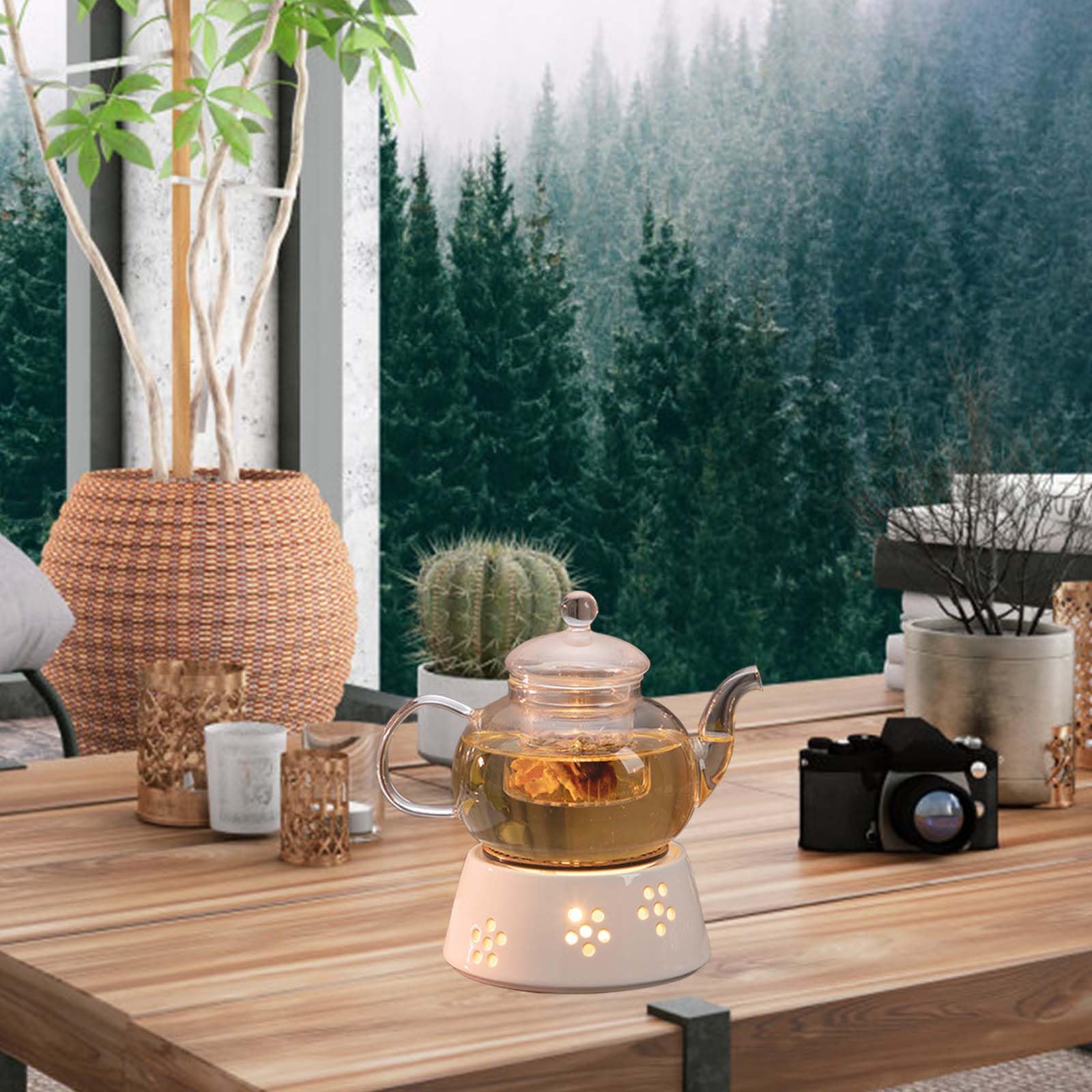 SAMSYOKI keramische stoofje voor theepot, porseleinen theewarmer met theelichthouder en kookmat, hol gesneden design, koffiewarmer voor het behoud van warmte, koffie, groen
